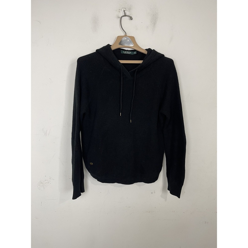 LRL Ralph Lauren Womens Sweatr Medium Black Waffle Knit Pullover Hoodie
